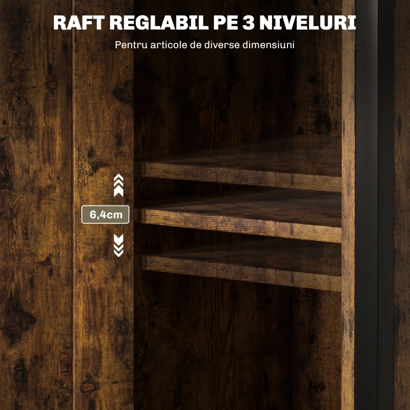 HOMCOM Noptieră în Stil Industrial cu 2 Rafturi Deschise și Raft Interior Reglabil pe 3 Nivele, 34x30x80 cm, Maro Rustic