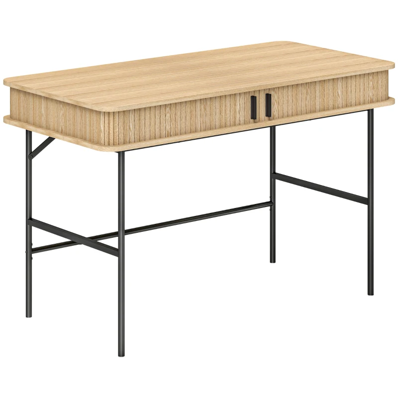 HOMCOM Biurko w stylu retro z dekorem lameli, przegródki do przechowywania, nogi ze stali, 120 x 60 x 76,5 cm, Dąb/Czarny