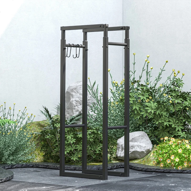 Outsunny Suport pentru Lemne din Metal, Suport Reglabil cu Cârlige în Formă de S, 40-65x25x100-150 cm, Negru