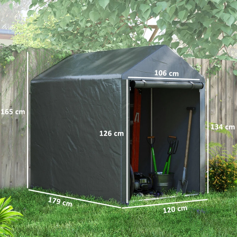 Outsunny Magazie pentru Scule cu Protecție UV și Intrare cu Fermoar, Cort de Garaj, 120x179x165 cm, Gri Închis(m-3)
