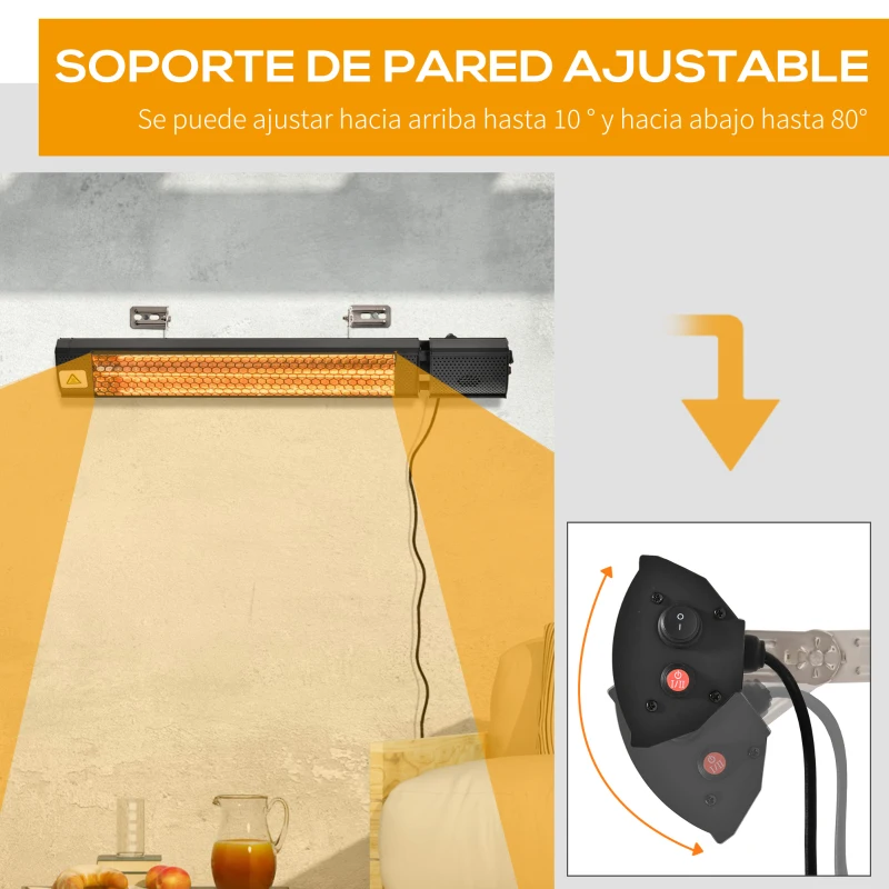 Outsunny Calefactor Exterior de Pared 1000/2000W Calefactor Eléctrico de Baño por Infrarrojo con Mando a Distancia 2 Niveles de Calor Ángulo Ajustable Protección IP55 Aluminio 67,5x10,5x7 cm Negro