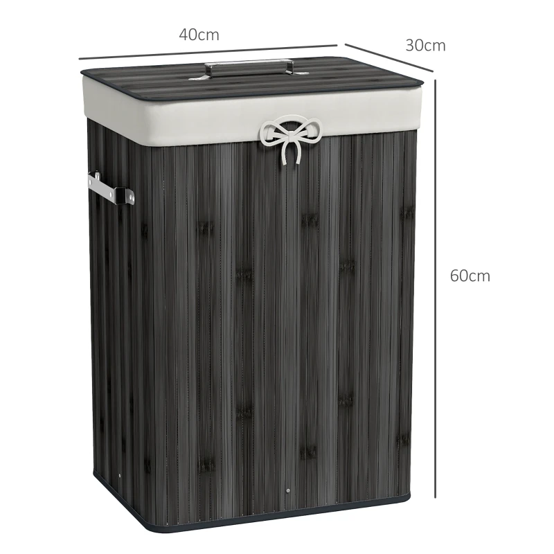 HOMCOM Cesto de Roupa de Bambu Dobrável Cesto para Roupa Suja com Tampa e Bolsa Amovível 40x30x60 cm Cinza Escuro