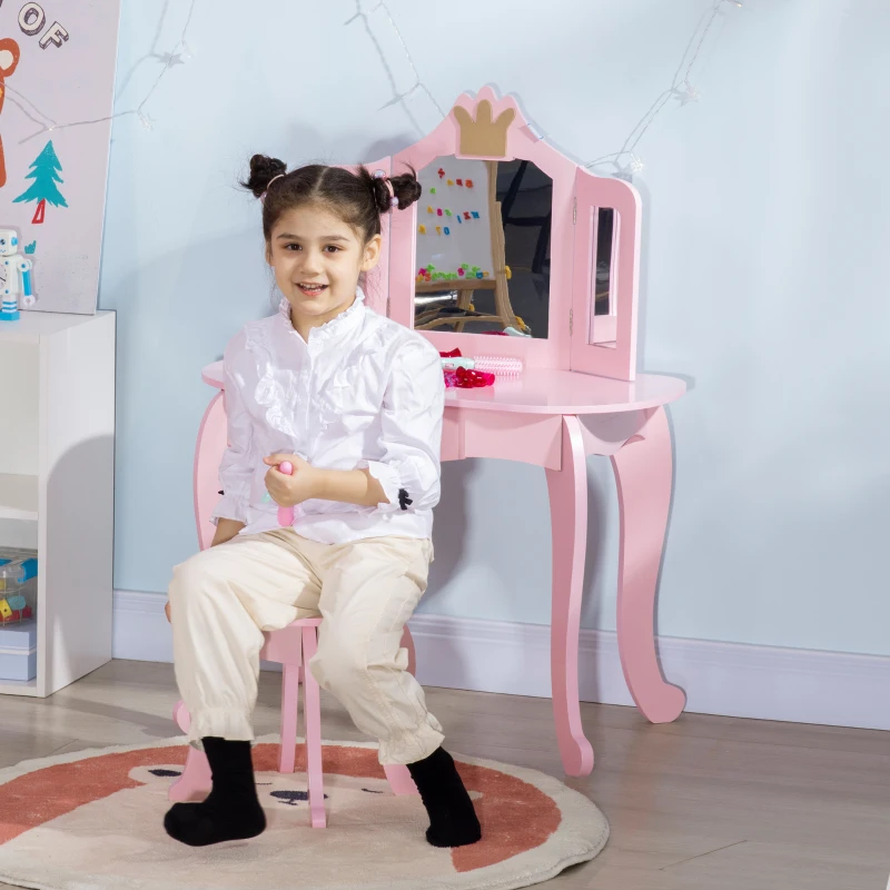 HOMCOM Tocador Infantil de Madera con Taburete y Espejos Mesa de Maquillaje para 3-6A  Estilo Princesa 79x48x103 cm Rosa