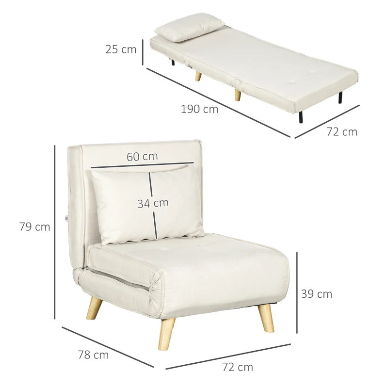 HOMCOM Fotoliu Pat Individual 2 în 1 cu Spătar Reglabil pe 6 Nivele și Pernă, Canapea Pat Individuală, 72x78x79 cm, Bej(m-3)