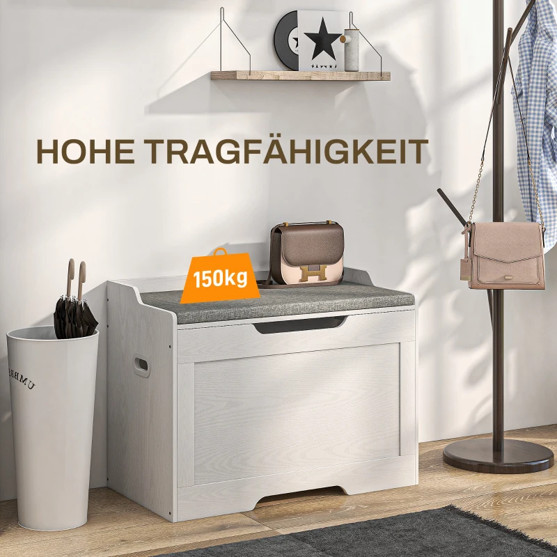 HOMCOM 103 Liter Opbergkist, Zitbank met Opbergruimte en Veiligheidsscharnier, Zitkussen, voor Diverse Kamers, Wit