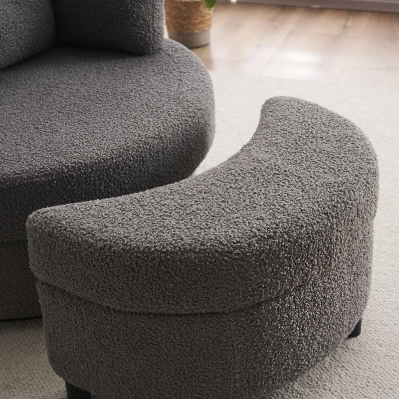 Teddy Swivel Armchair with 3 Back Cushions and Crescent Ottoman Stool, 360° Swivel Recliner Sofa, 107L x 105W x 82H cm, Medium Grey