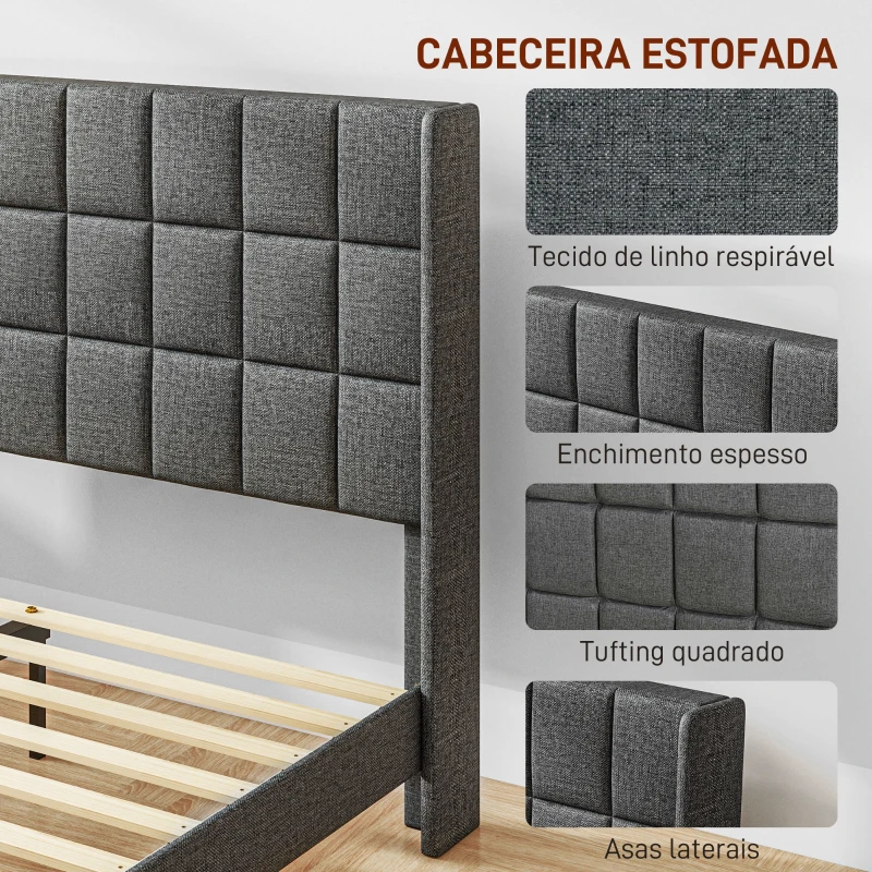 HOMCOM Cama 135x190 cm Estrutura de Cama com Cabeceira Estofada em Linho e Espaço de Armazenamento Debaixo da Cama Cinza