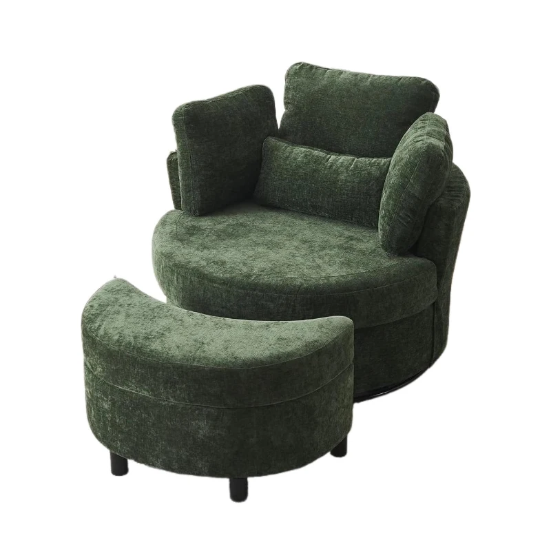 Chenille Swivel Armchair with 3 Back Cushions and Crescent Ottoman Stool, 360° Swivel Recliner Sofa, 107L x 105W x 82H cm, Green