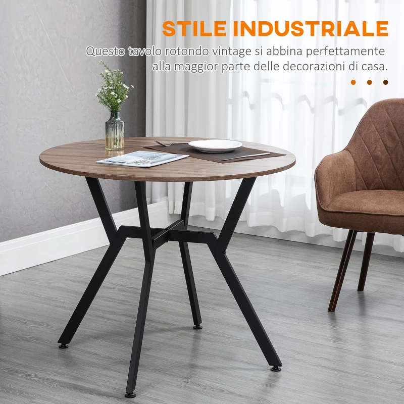 HOMCOM Tavolo Rotondo da Soggiorno per 2 Persone con Sostegno a X, in Legno e Acciaio, Ø90x76 cm, Nero e Marrone