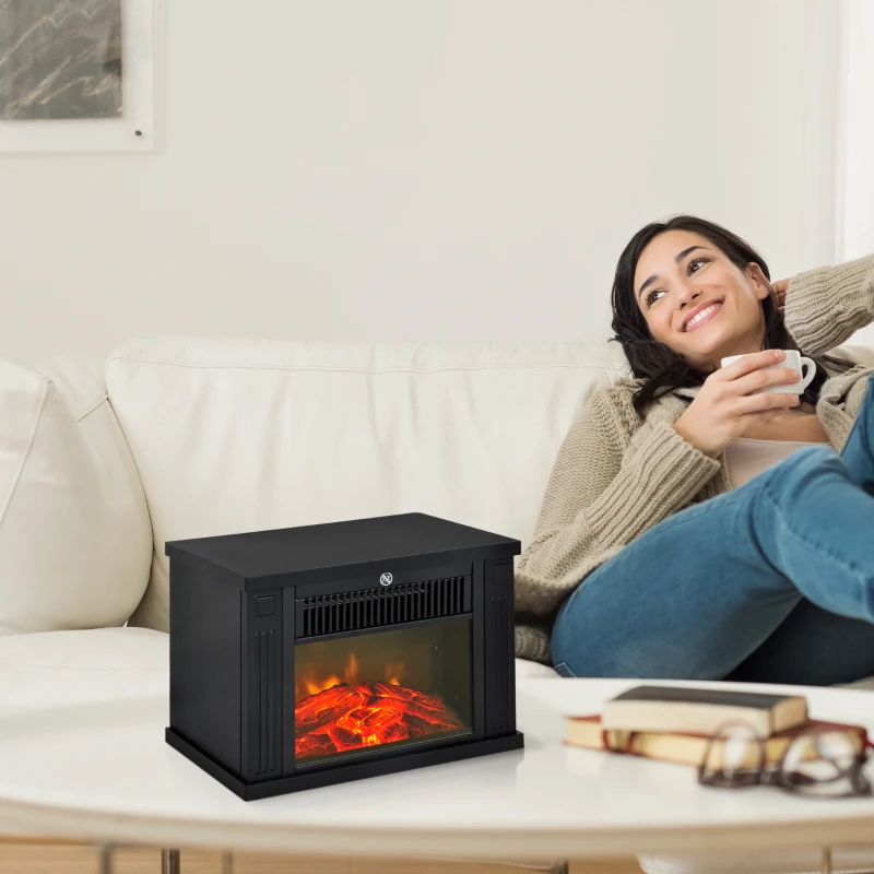 HOMCOM Șemineu Electric de PodeaPutere 600W/1200W din Plastic și Sticlă Temperată Negru, 34x17x25cm
