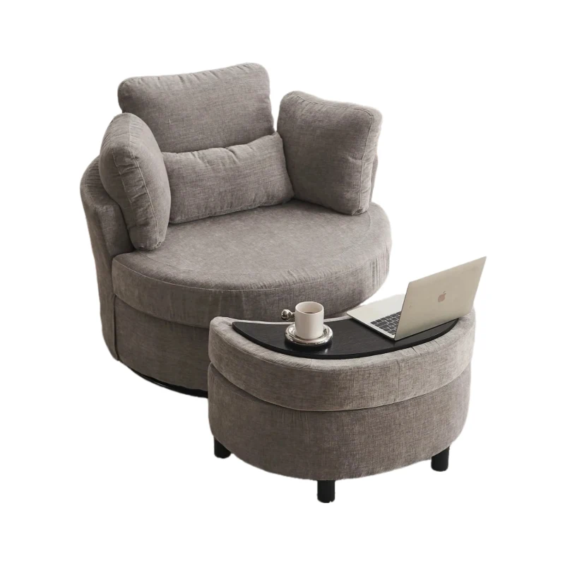 Chenille Bedroom Chairs with 3 Back Cushions and Crescent Ottoman Stool, 360° Swivel Armchair, 107L x 105W x 82H cm, Grey
