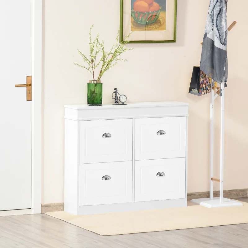 HOMCOM Dulap de Pantofi cu 4 Sertare, Deschidere Batantă și Etajeră Reglabilă, 98x24x83 cm, Alb(m-9)