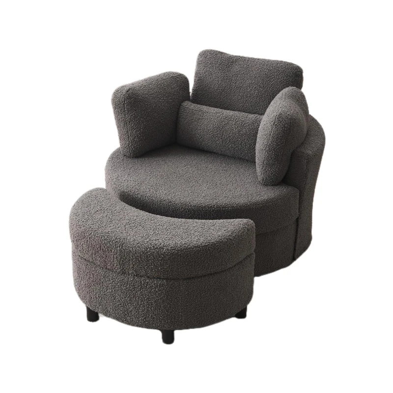 Teddy Swivel Armchair with 3 Back Cushions and Crescent Ottoman Stool, 360° Swivel Recliner Sofa, 107L x 105W x 82H cm, Medium Grey
