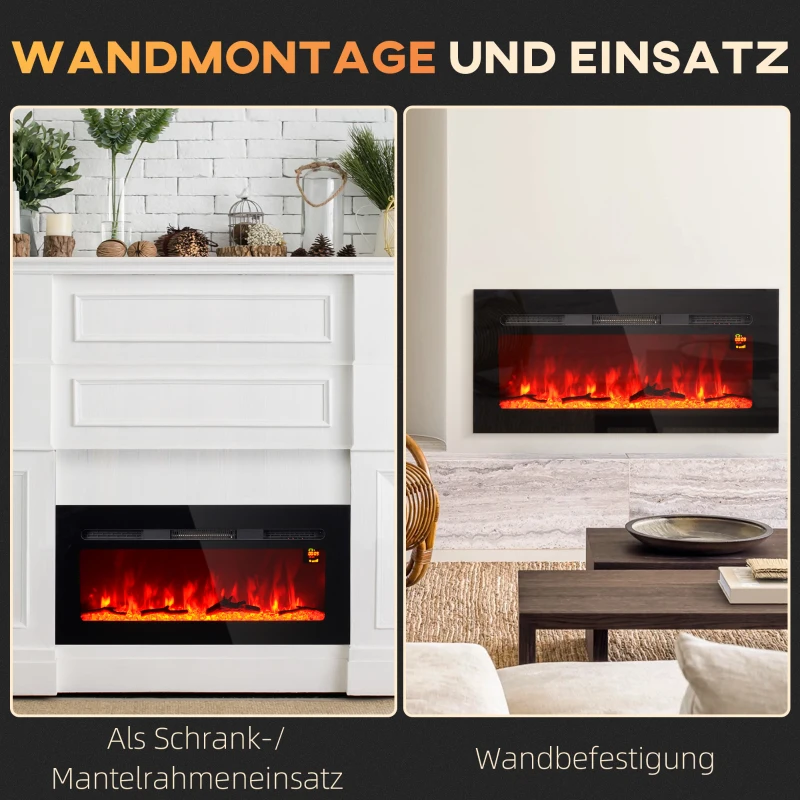 HOMCOM Elektrische Haard voor Wandmontage met Afstandsbediening, Kunstmatige Houtblokken en Kristallen, 1800W, Zwart(m-7)