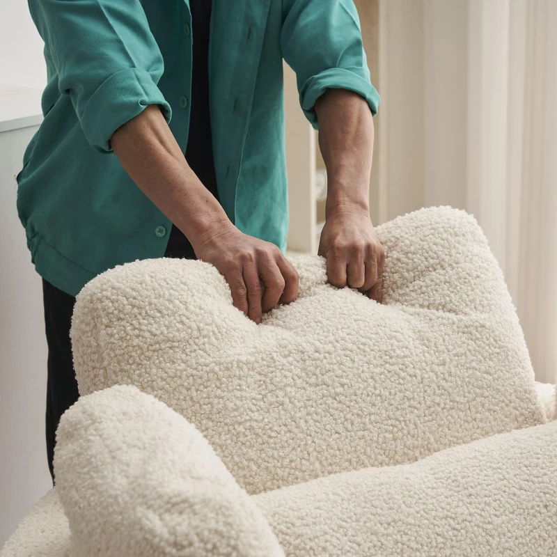 Teddy Swivel Armchair with 3 Back Cushions and Crescent Ottoman Stool, 360° Swivel Recliner Sofa, 107L x 105W x 82H cm, White