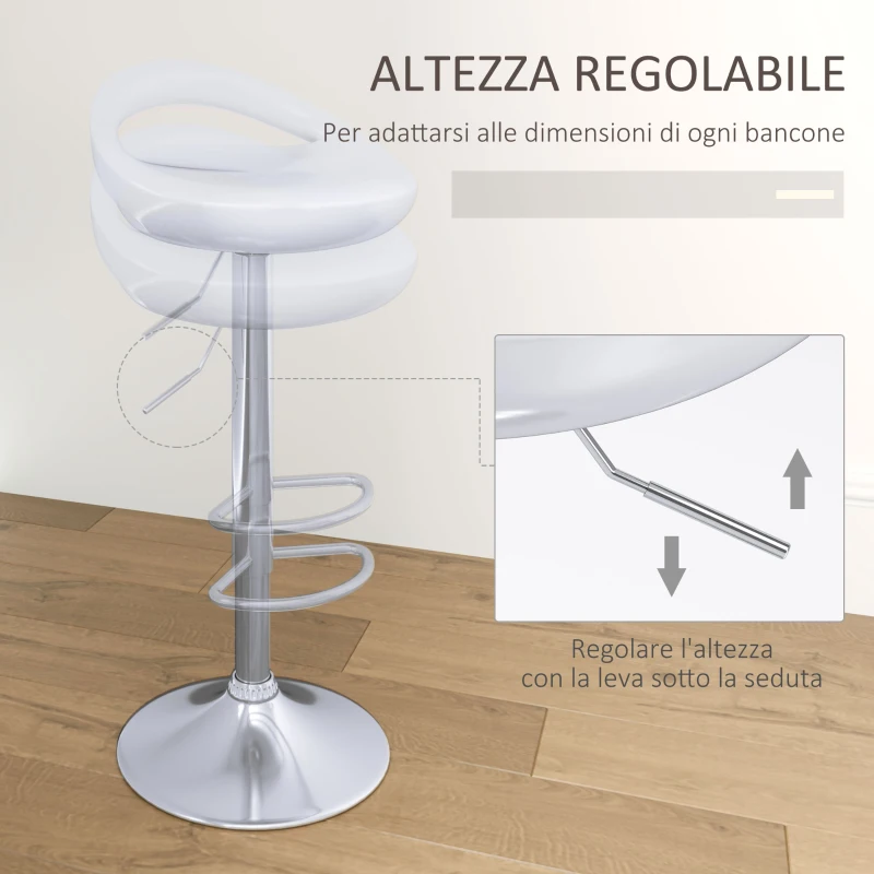 HOMCOM Set 2 Sgabelli da Bar Girevoli con Poggiapiedi, Altezza Regolabile Base in Acciaio Seduta in ABS, Bianco