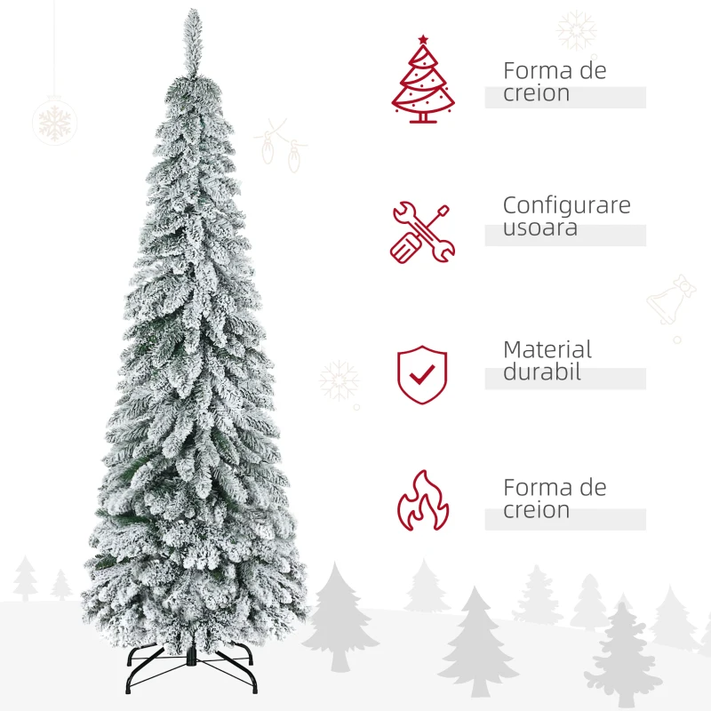 HOMCOM Brad Artificial de Craciun de Sarbatori Inalt de 180cm de Decor Tip Creion cu 523 de Crengute Pline de Zapada, Forma Coborata, Baza din Otel