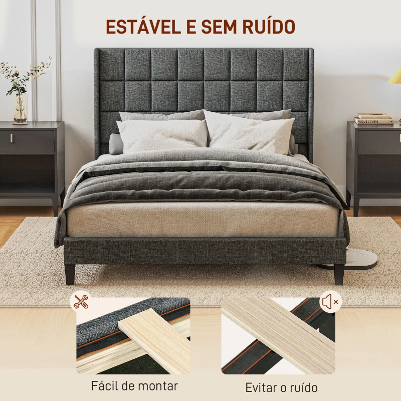 HOMCOM Cama 135x190 cm Estrutura de Cama com Cabeceira Estofada em Linho e Espaço de Armazenamento Debaixo da Cama Cinza