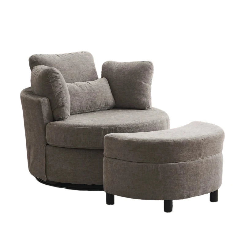 Chenille Bedroom Chairs with 3 Back Cushions and Crescent Ottoman Stool, 360° Swivel Armchair, 107L x 105W x 82H cm, Grey