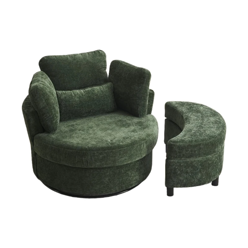Chenille Swivel Armchair with 3 Back Cushions and Crescent Ottoman Stool, 360° Swivel Recliner Sofa, 107L x 105W x 82H cm, Green