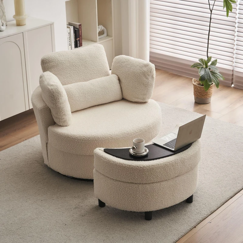 Teddy Swivel Armchair with 3 Back Cushions and Crescent Ottoman Stool, 360° Swivel Recliner Sofa, 107L x 105W x 82H cm, White