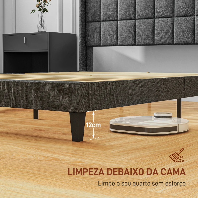 HOMCOM Cama 135x190 cm Estrutura de Cama com Cabeceira Estofada em Linho e Espaço de Armazenamento Debaixo da Cama Cinza
