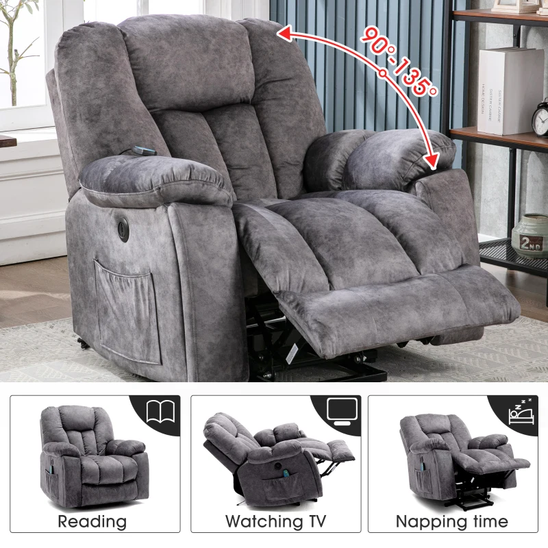 Power Massage Lift Recliner Chair with Heat & Vibration, Safety Motion Mechanism, USB Ports, Ergonomic 6 Points Vibration Massage Office Chair with Heating Massage Points - 100x95x102 cm, Dark Grey