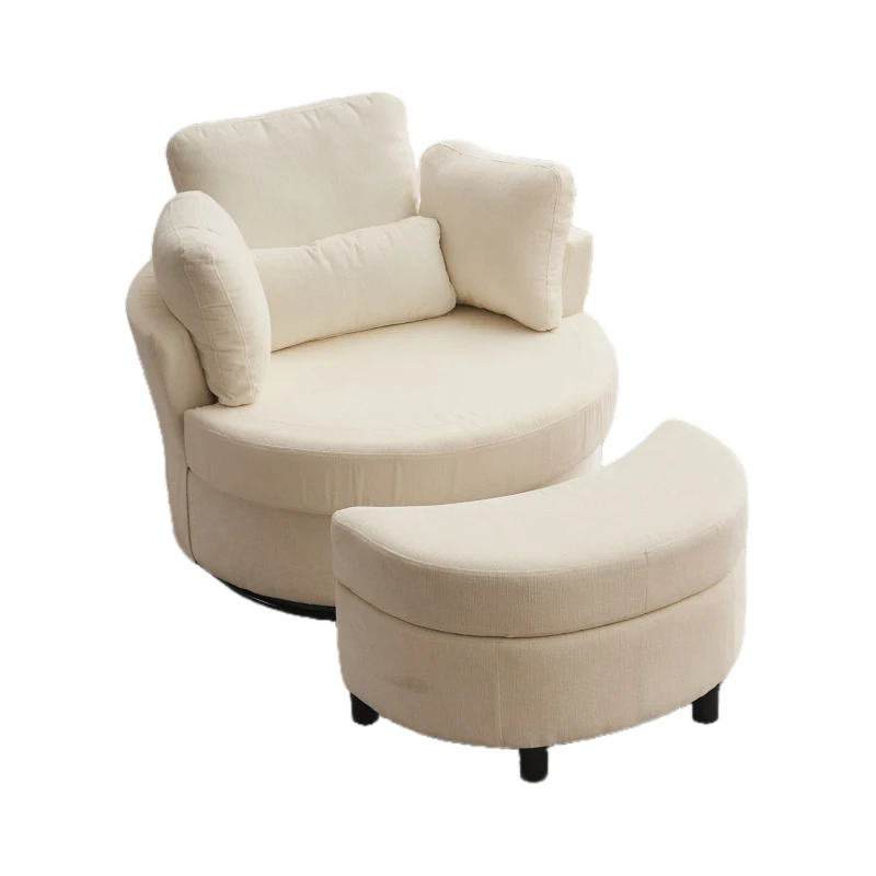 Chenille Swivel Armchair with 3 Back Cushions and Crescent Ottoman Stool, 360° Swivel Recliner Sofa, 107L x 105W x 82H cm, Ivory