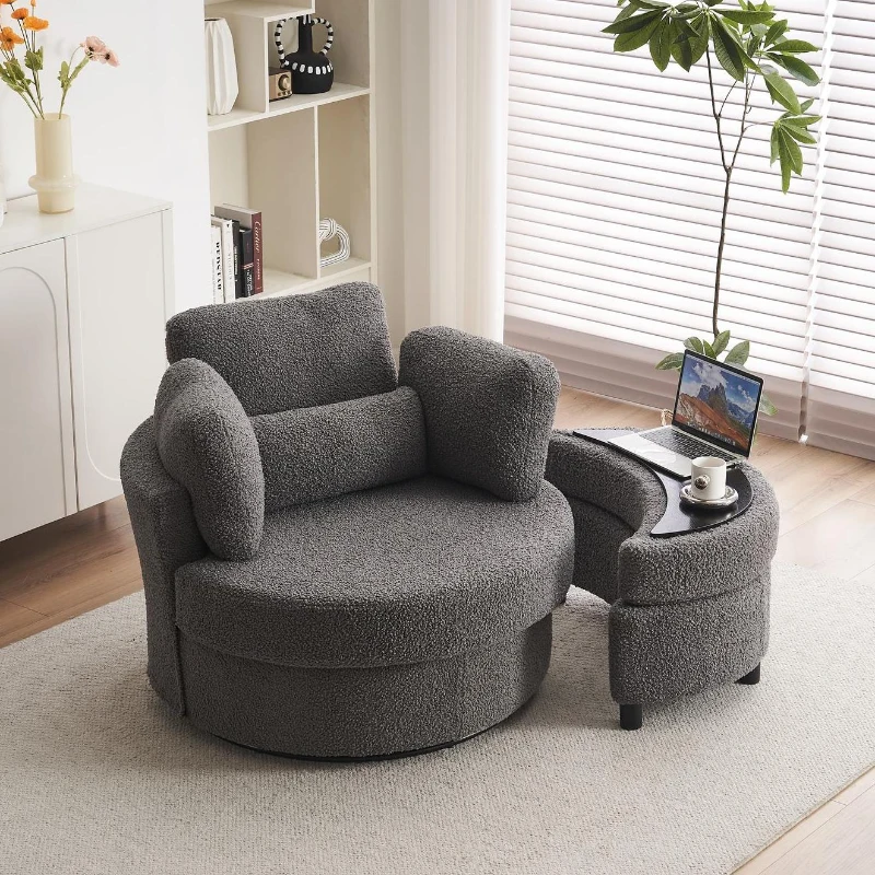 Teddy Swivel Armchair with 3 Back Cushions and Crescent Ottoman Stool, 360° Swivel Recliner Sofa, 107L x 105W x 82H cm, Medium Grey