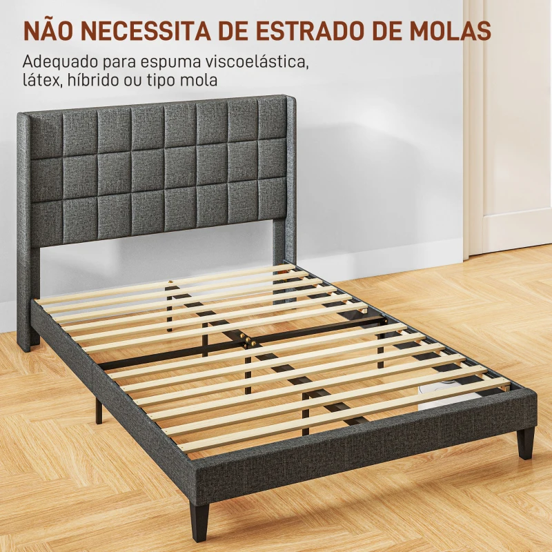 HOMCOM Cama 135x190 cm Estrutura de Cama com Cabeceira Estofada em Linho e Espaço de Armazenamento Debaixo da Cama Cinza