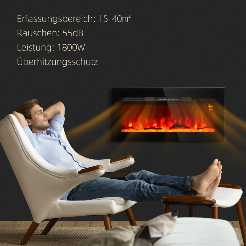 HOMCOM Elektrische Haard voor Wandmontage met Afstandsbediening, Kunstmatige Houtblokken en Kristallen, 1800W, Zwart(m-5)