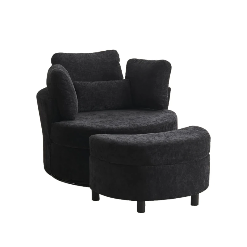 360° Swivel Bedroom Chairs with 3 Back Cushions and Crescent Ottoman Stool, Swivel Armchair for Living Room, 107L x 105W x 82H cm, Black