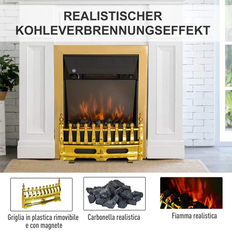 HOMCOM Șemineu Electric Încorporabil sau de Podea 2000W din Plastic și Metal, Auriu, 48x19x59cm