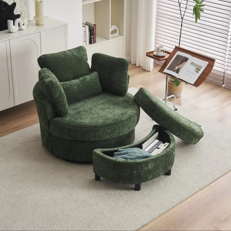 Chenille Swivel Armchair with 3 Back Cushions and Crescent Ottoman Stool, 360° Swivel Recliner Sofa, 107L x 105W x 82H cm, Green