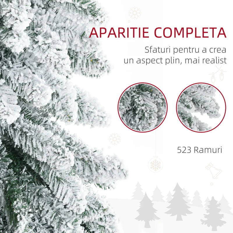 HOMCOM Brad Artificial de Craciun de Sarbatori Inalt de 180cm de Decor Tip Creion cu 523 de Crengute Pline de Zapada, Forma Coborata, Baza din Otel