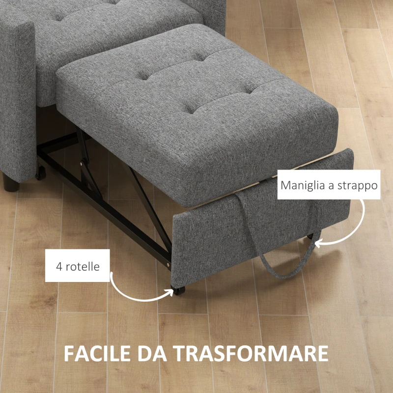 HOMCOM Poltrona Letto Singolo a 4 Ruote con Schienale Reclinabile e Cuscino, in Tessuto e Legno, 69x82.5x84 cm, Grigio