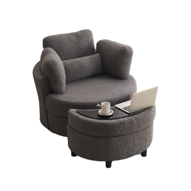Teddy Swivel Armchair with 3 Back Cushions and Crescent Ottoman Stool, 360° Swivel Recliner Sofa, 107L x 105W x 82H cm, Medium Grey