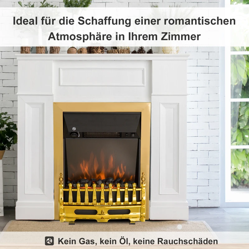 HOMCOM Șemineu Electric Încorporabil sau de Podea 2000W din Plastic și Metal, Auriu, 48x19x59cm