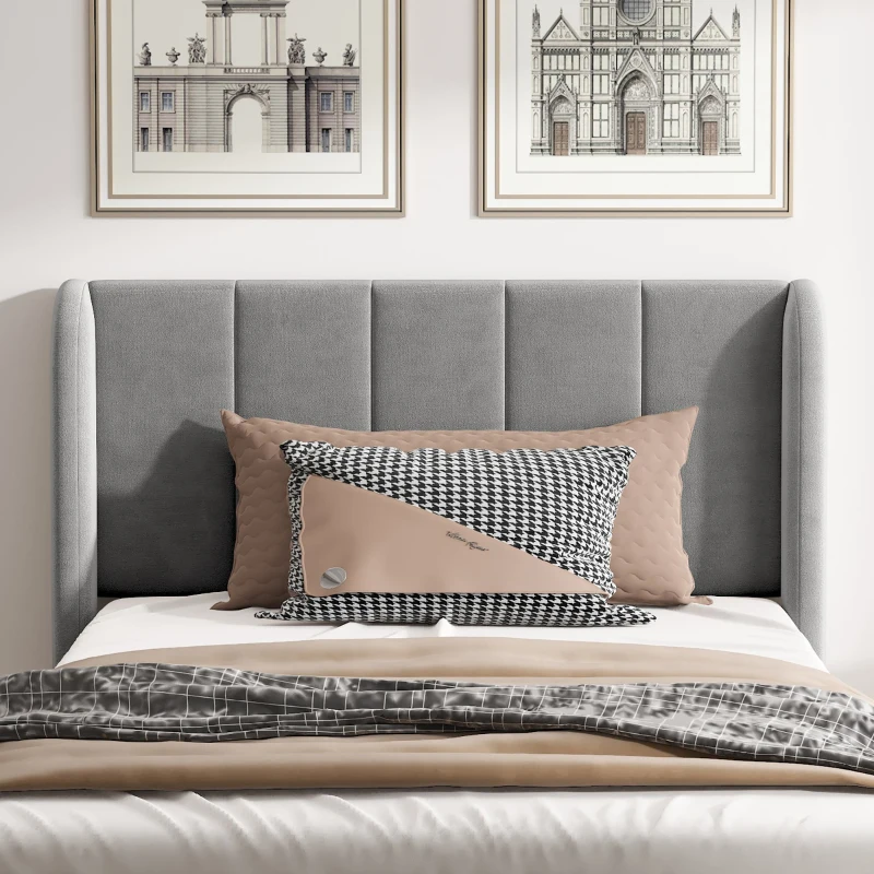 3FT Upholstered Bed with Soft Backrest and Vertical Stripe Design, Metal Underbed Bracket, 202L x 103W x 103H cm, Gray