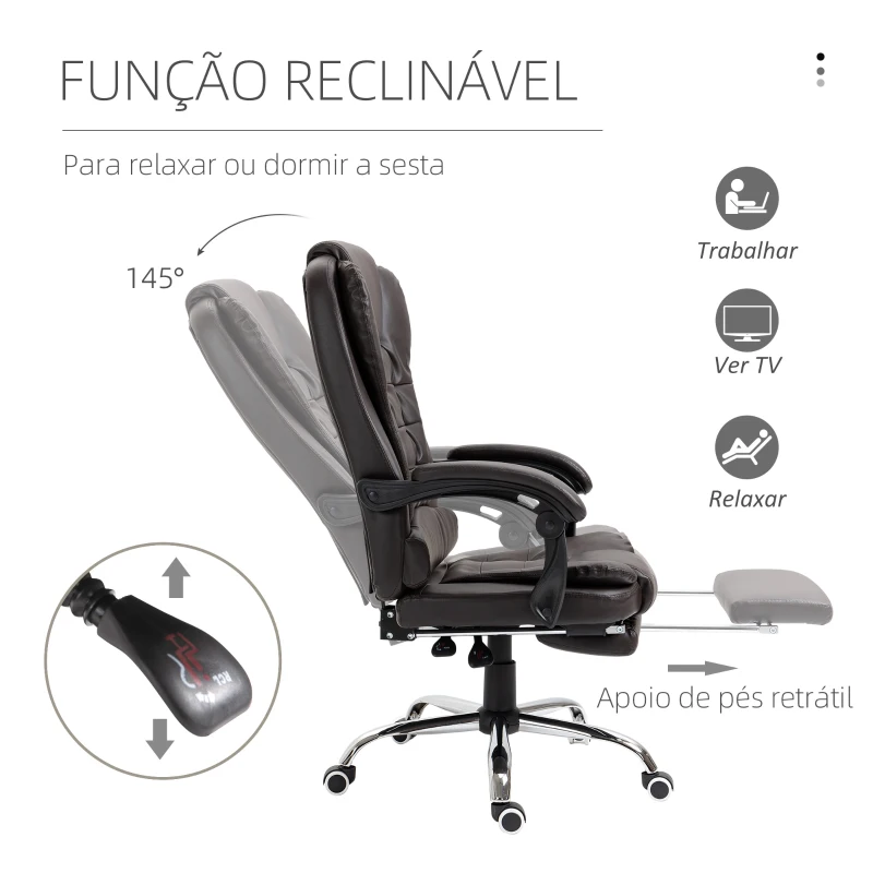 HOMCOM Cadeira de Escritório Reclinável Cadeira Executiva Giratória com Altura Ajustável Estofada em PU 64,5x69x109-117 cm Marrom