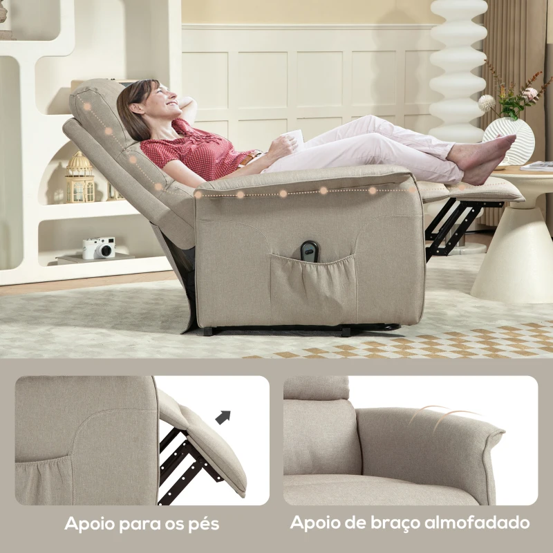 HOMCOM Poltrona Relax Reclinável Elétrica Poltrona Levanta Pessoas com Controlo Remoto e Bolso Lateral 66x90x96 cm Bege