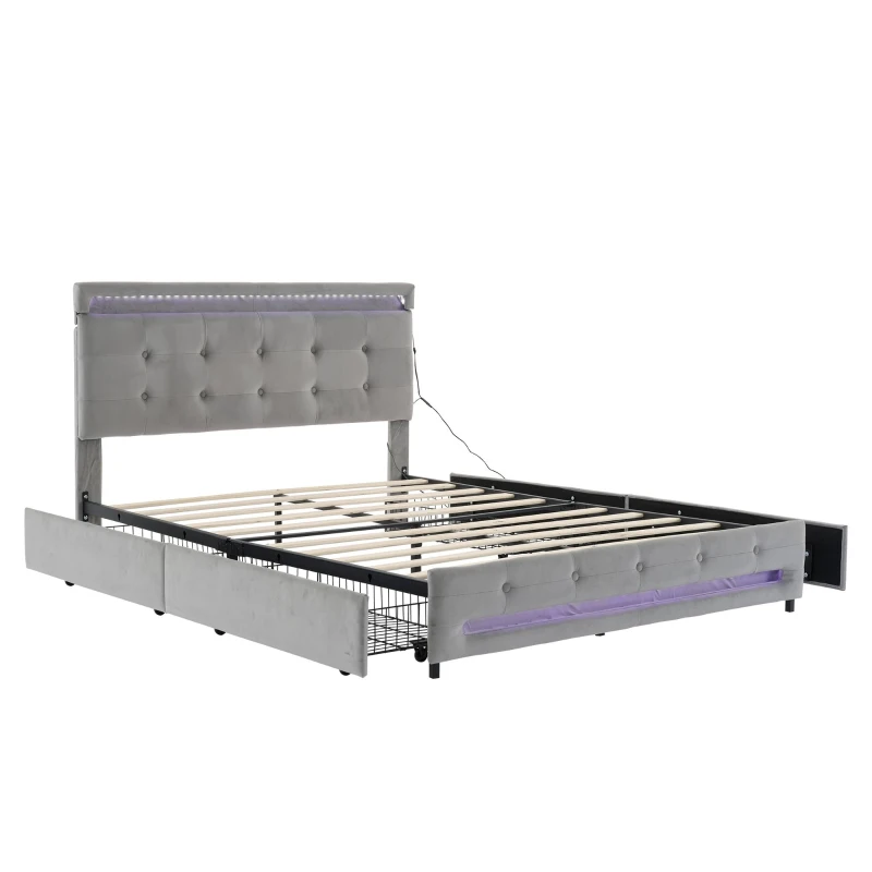 Velvet Upholstered Double Bed with Storage, Soft Backrest, 4 Drawers, LED Light Strips, 198L x 140W x 98H cm, Gray