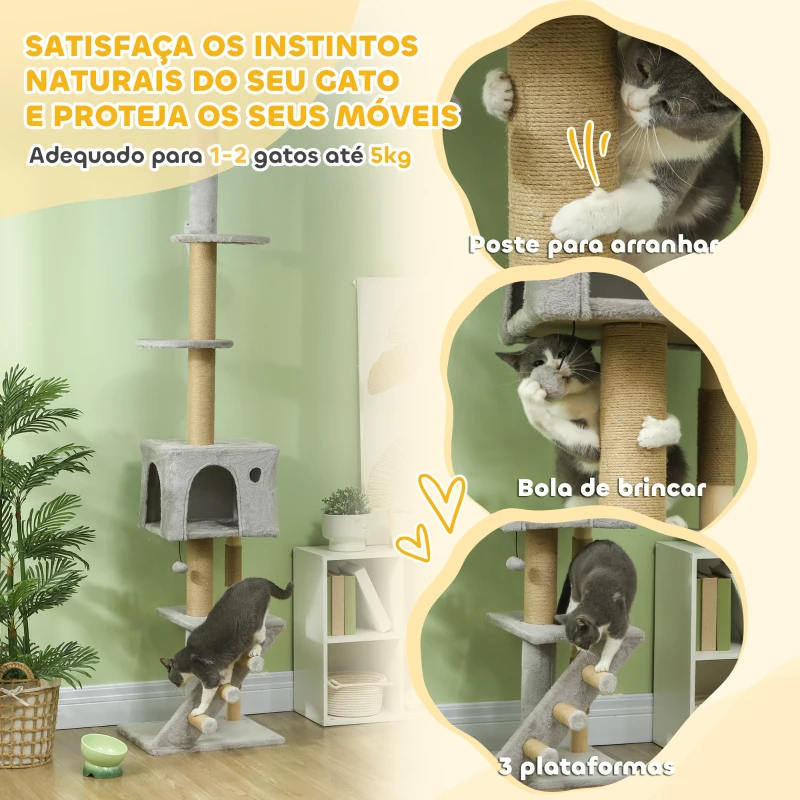 PawHut Arranhador para Gatos do Chão ao Teto de 225-265 cm  com Altura Ajustável Múltiplas Plataformas Escada Bola Suspensa Cinza Claro