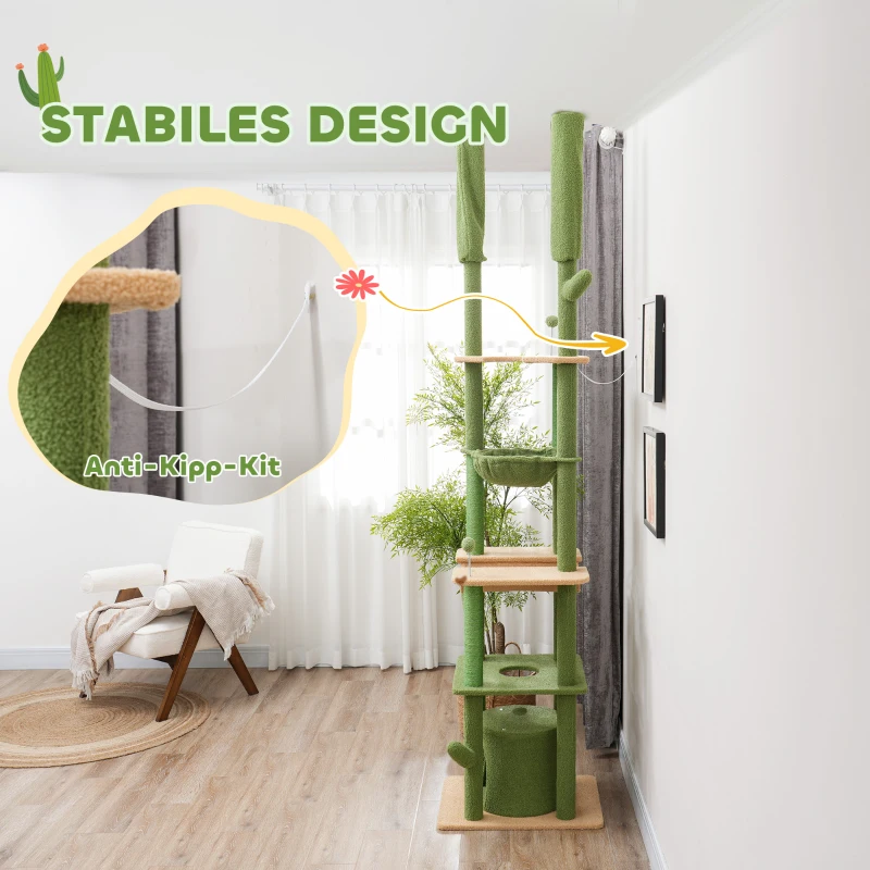 PawHut Drapak w Kształcie Kaktusa, 4 Poziomy, Siegający Sufitu 225-255 cm, 2 Hamaki, Jaskinia, Zielony