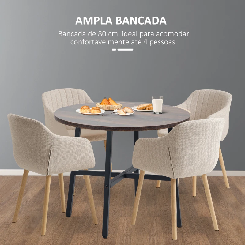 HOMCOM Mesa de Sala de Jantar Redonda para 4 Pessoas Mesa de Cozinha Moderna com Pés de Aço Ø80x76 cm Marrom e Preto