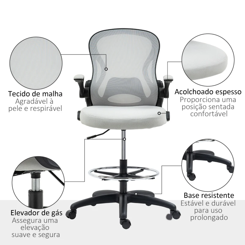 Vinsetto Cadeira de Escritório com Suporte Lombar Apoio para os Braços Dobrável e Altura Ajustável 59x65x102-122 cm Cinza