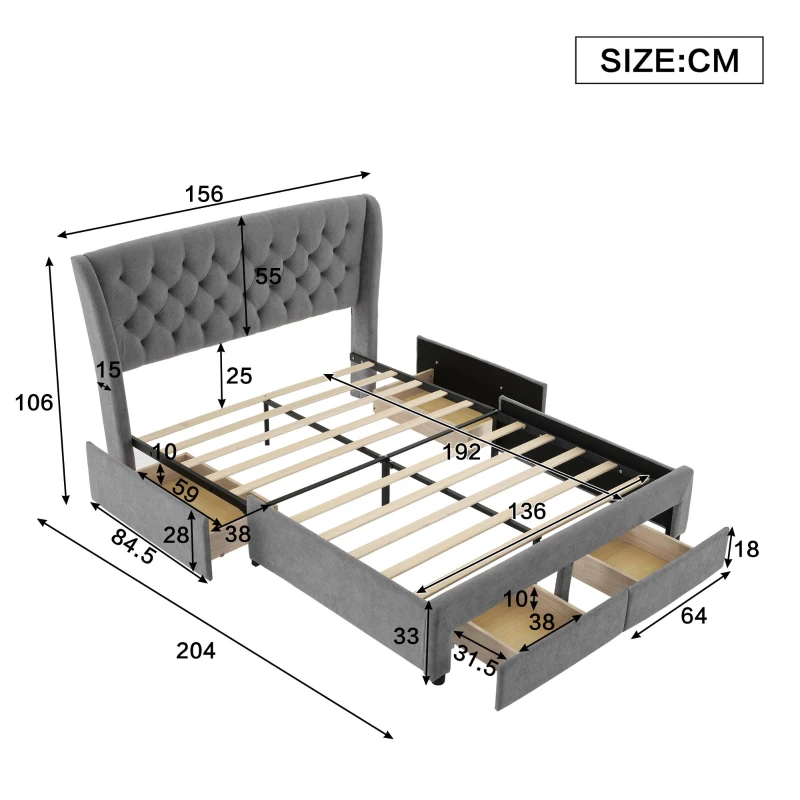 Upholstered Storage Bed with 4 Drawers, Soft Backrest, Metal Frame, 204L x 156W x 106H cm, Grey