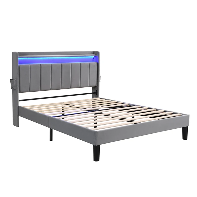 Velvet Upholstered Double Bed with Storage, LED Light Strip, 4 USB Ports, Velvet, 204L x 140W x 107H cm, Grey