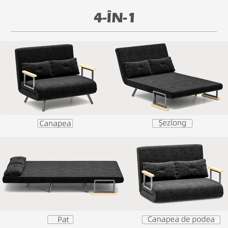 HOMCOM Canapea Pat de 2 Locuri cu Spătar Reglabil pe 5 Nivele și 2 Perne din Material Capitonat, 102x73x81 cm, Negru(m-4)