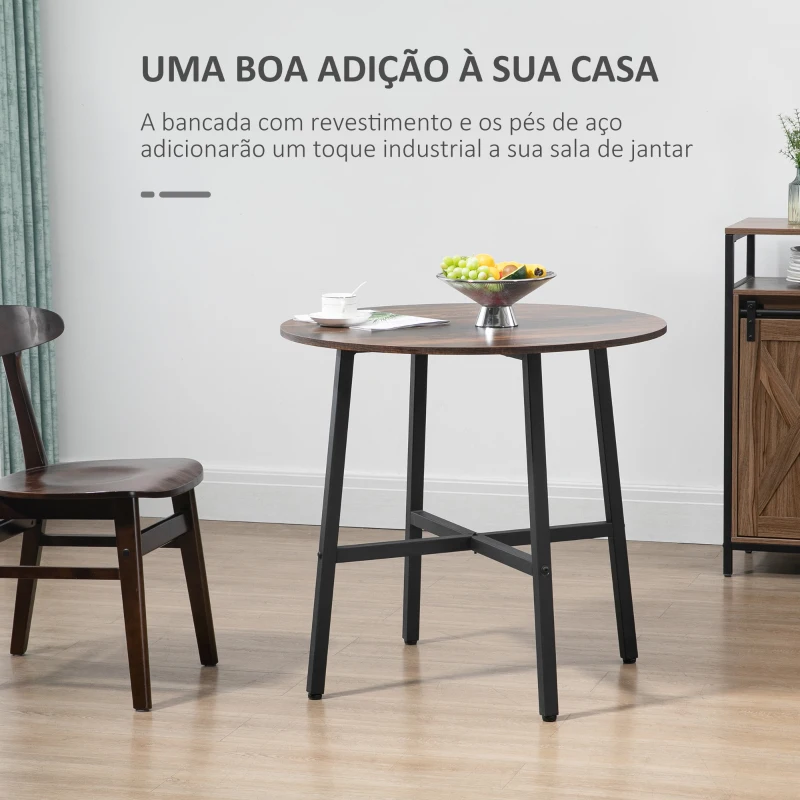 HOMCOM Mesa de Sala de Jantar Redonda para 4 Pessoas Mesa de Cozinha Moderna com Pés de Aço Ø80x76 cm Marrom e Preto